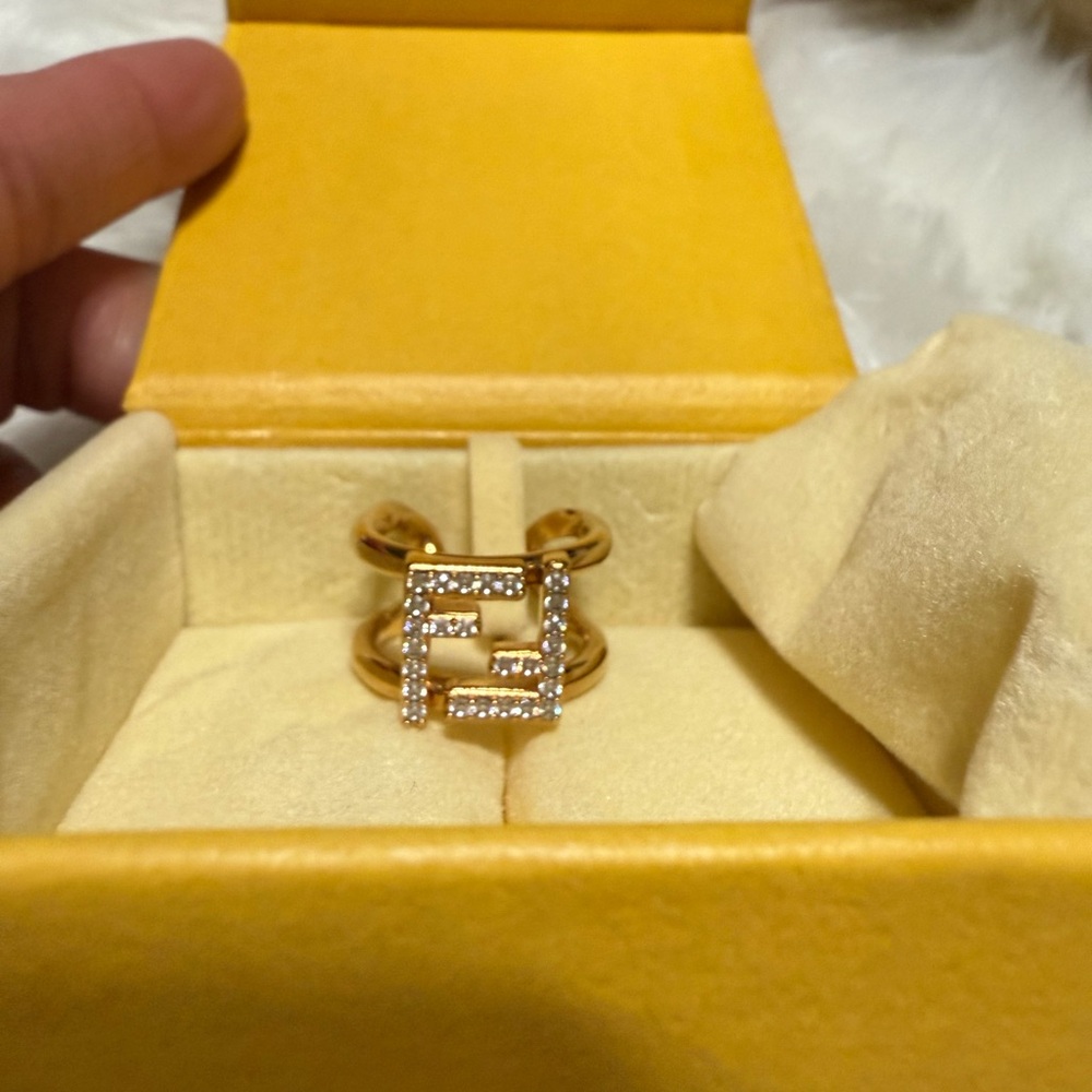NEW!  Fendi FF Anello Gold and Crystal Embellished Ring